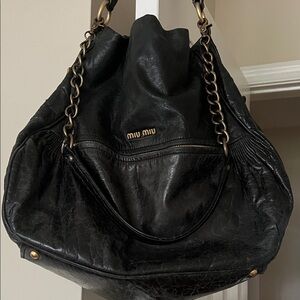Miu Miu Black Leather Hobo Bag with Chain Straps